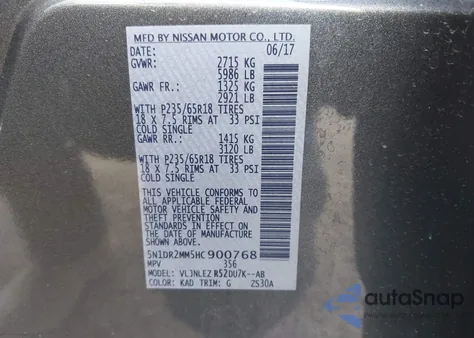 2017 Nissan Pathfinder Sv from USA, damaged, VIN 5N1DR2MM5HC900768
